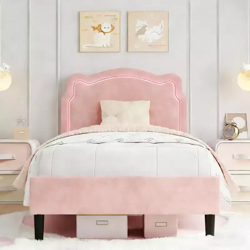 Struttura letto imbottita con LED Smart a una piazza e mezza con testiera e LED, struttura letto a piattaforma da principessa in velluto, supporto con doghe in legno, non è necessario il Box Spring (singolo)