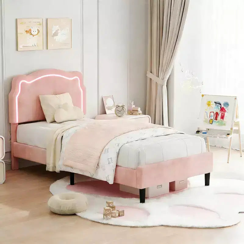 Struttura letto imbottita con LED Smart a una piazza e mezza con testiera e LED, struttura letto a piattaforma da principessa in velluto, supporto con doghe in legno, non è necessario il Box Spring (singolo)