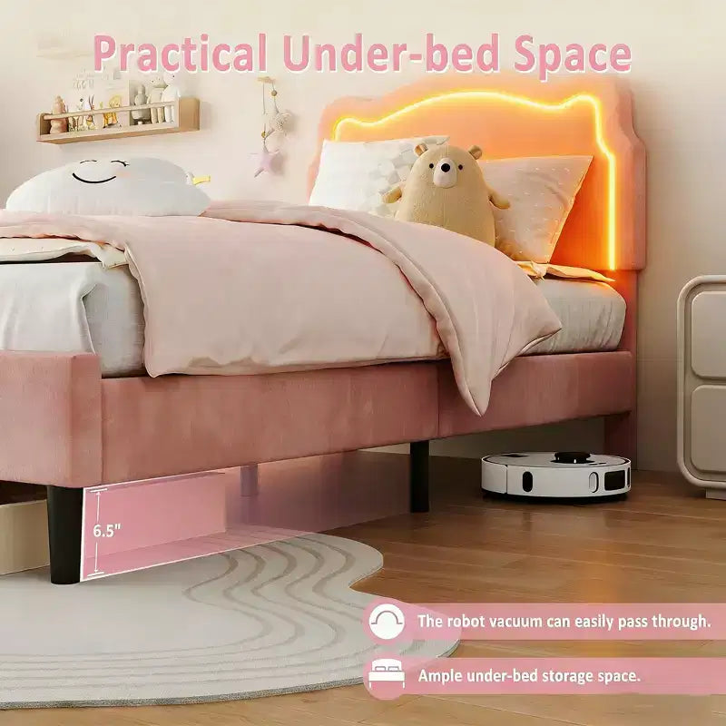 Struttura letto imbottita con LED Smart a una piazza e mezza con testiera e LED, struttura letto a piattaforma da principessa in velluto, supporto con doghe in legno, non è necessario il Box Spring (singolo)
