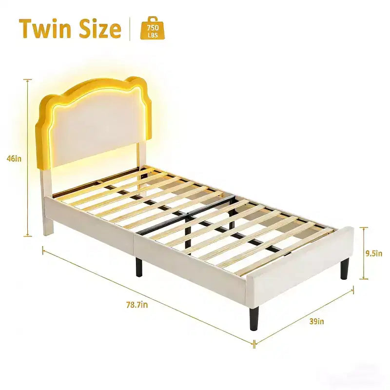 Struttura letto imbottita con LED Smart a una piazza e mezza con testiera e LED, struttura letto a piattaforma da principessa in velluto, supporto con doghe in legno, non è necessario il Box Spring (singolo)