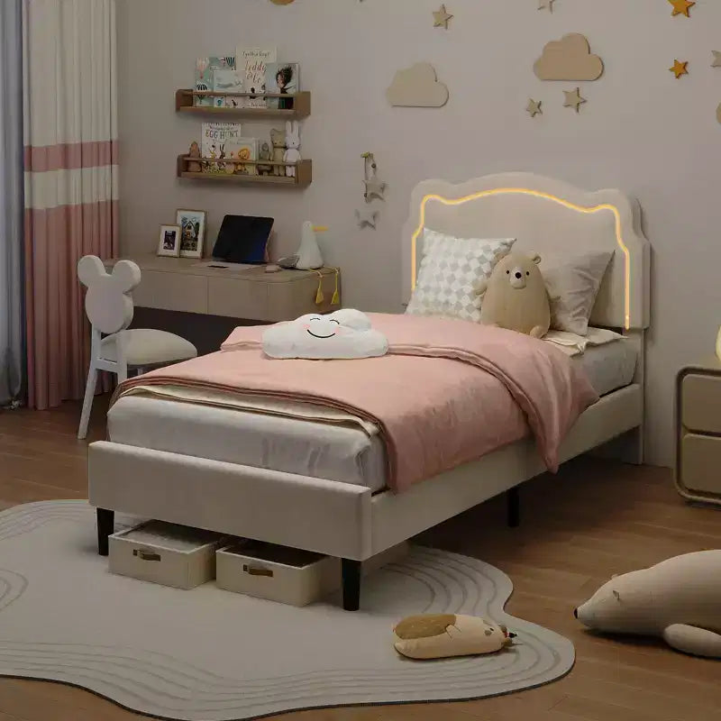 Struttura letto imbottita con LED Smart a una piazza e mezza con testiera e LED, struttura letto a piattaforma da principessa in velluto, supporto con doghe in legno, non è necessario il Box Spring (singolo)