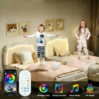 Struttura letto imbottita con LED Smart a una piazza e mezza con testiera e LED, struttura letto a piattaforma da principessa in velluto, supporto con doghe in legno, non è necessario il Box Spring (singolo)