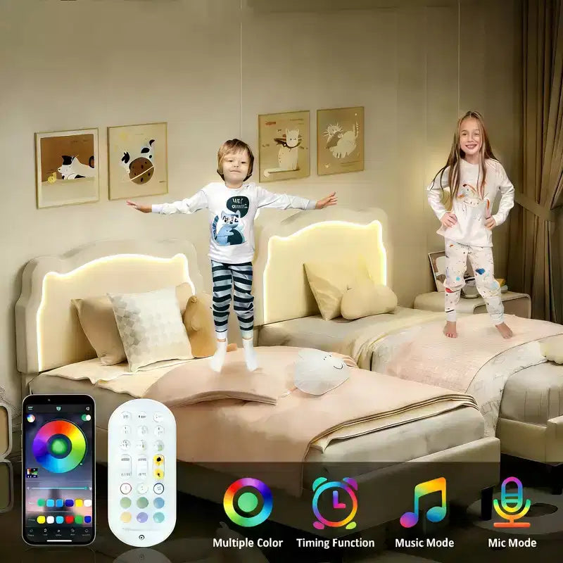Struttura letto imbottita con LED Smart a una piazza e mezza con testiera e LED, struttura letto a piattaforma da principessa in velluto, supporto con doghe in legno, non è necessario il Box Spring (singolo)