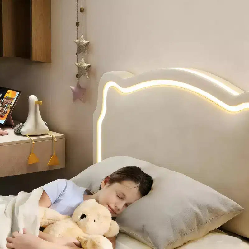 Struttura letto imbottita con LED Smart a una piazza e mezza con testiera e LED, struttura letto a piattaforma da principessa in velluto, supporto con doghe in legno, non è necessario il Box Spring (singolo)