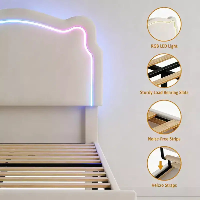 Struttura letto imbottita con LED Smart a una piazza e mezza con testiera e LED, struttura letto a piattaforma da principessa in velluto, supporto con doghe in legno, non è necessario il Box Spring (singolo)