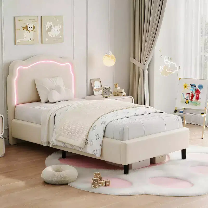 Struttura letto imbottita con LED Smart a una piazza e mezza con testiera e LED, struttura letto a piattaforma da principessa in velluto, supporto con doghe in legno, non è necessario il Box Spring (singolo)