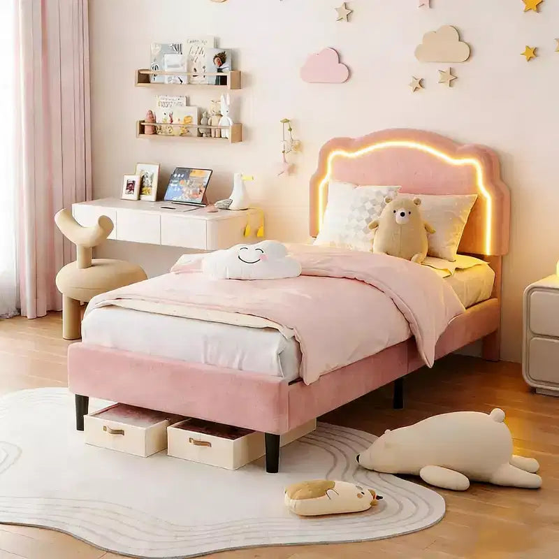 Struttura letto imbottita con LED Smart a una piazza e mezza con testiera e LED, struttura letto a piattaforma da principessa in velluto, supporto con doghe in legno, non è necessario il Box Spring (singolo)