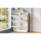 VIYET 49 Scarpiera sottile in stile crema, organizer in MDF bianco con 6 cassetti a ribalta e 3 ganci argentati (ripiani regolabili)