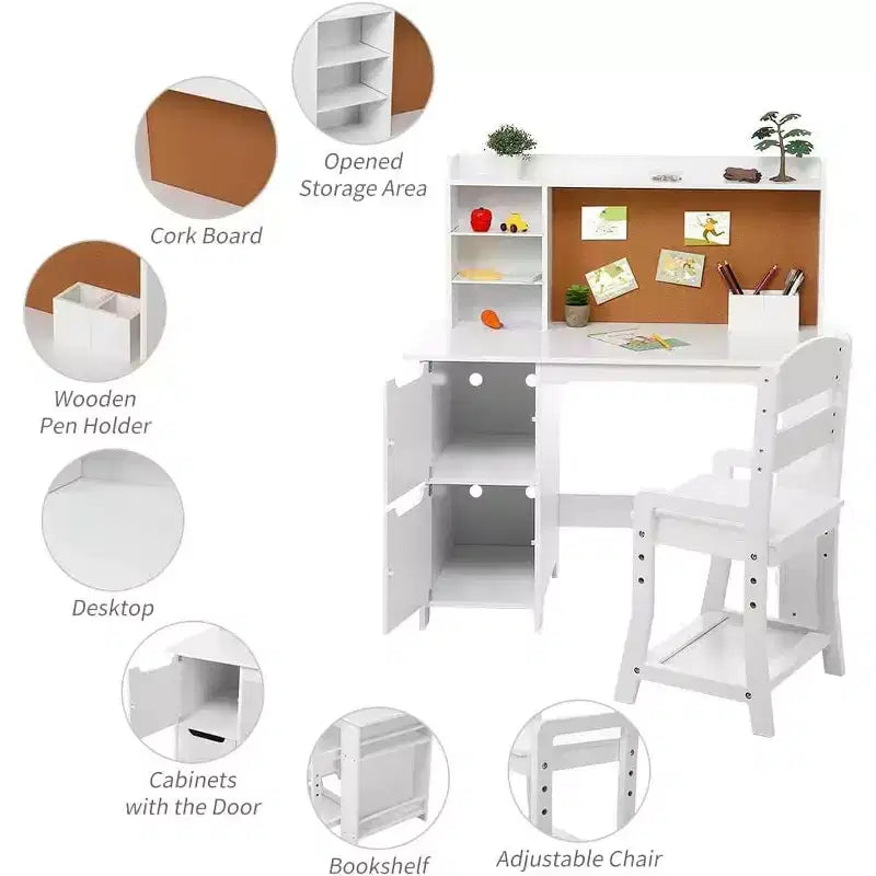 Scrivania per bambini, set scrivania e sedia per ragazzi e ragazze, tavolo da scrittura in legno per bambini con libreria, bacheca e armadietti per età 3-8