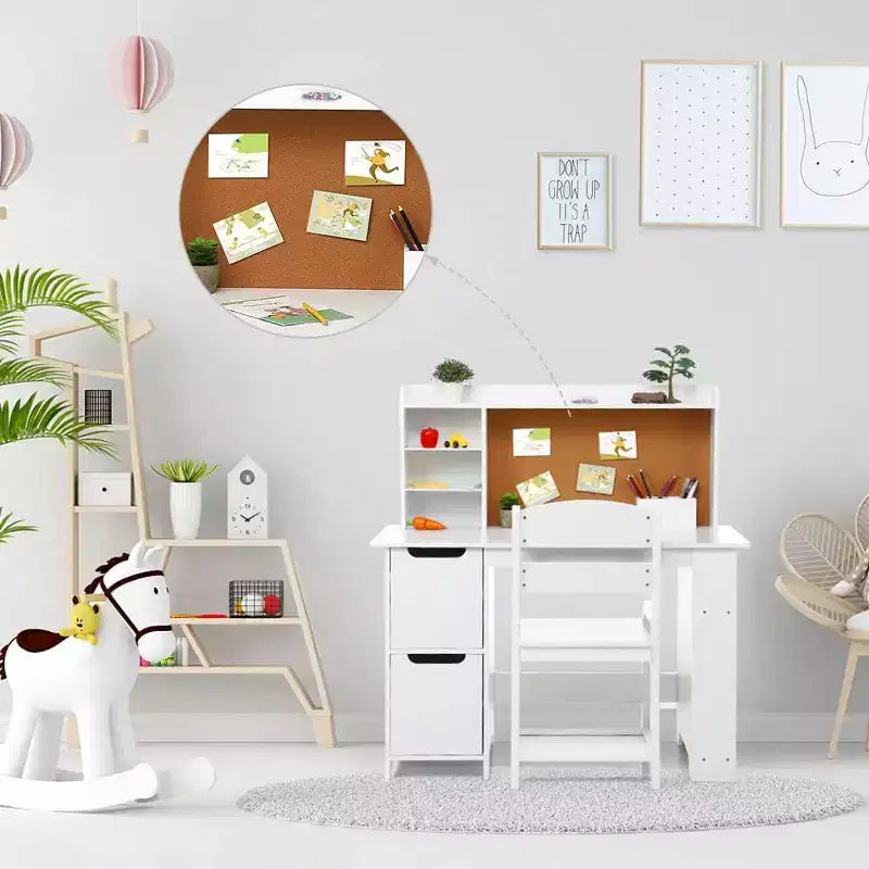 Scrivania per bambini, set scrivania e sedia per ragazzi e ragazze, tavolo da scrittura in legno per bambini con libreria, bacheca e armadietti per età 3-8