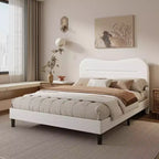 Struttura letto imbottita queen-size White Queen Size in Teddy Bouclé Morbida testiera Cloud Design Marshmallow Moderno Nessuna molla necessaria Supporto silenzioso