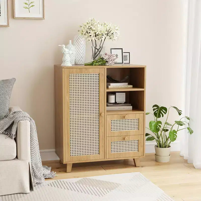 Credenza in rattan da 15 pollici JVNOXK con ripiani regolabili e cassetti a scorrimento fluido, adatta per soggiorni e cucine, colore naturale