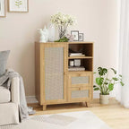 Credenza in rattan da 15 pollici JVNOXK con ripiani regolabili e cassetti a scorrimento fluido, adatta per soggiorni e cucine, colore naturale