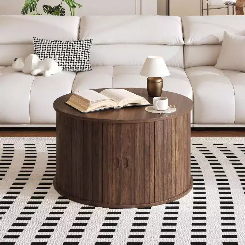 Tavolino da caffè rotondo Mid Century Modern da 28" con contenitore, tavolino accentato scanalato con porta a scomparsa per soggiorno