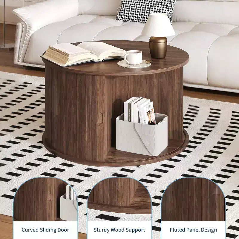 Tavolino da caffè rotondo Mid Century Modern da 28" con contenitore, tavolino accentato scanalato con porta a scomparsa per soggiorno
