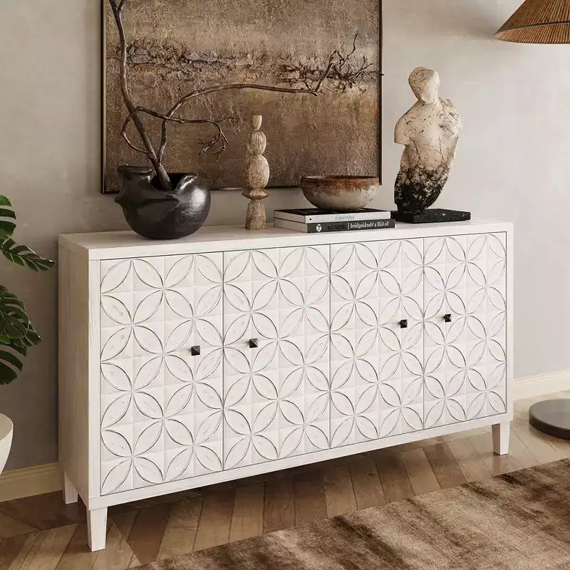 Madia Moderna in Legno con 4 Ante, Credenza da Cucina/Soggiorno con Ripiani Regolabili e Maniglie Quadrate