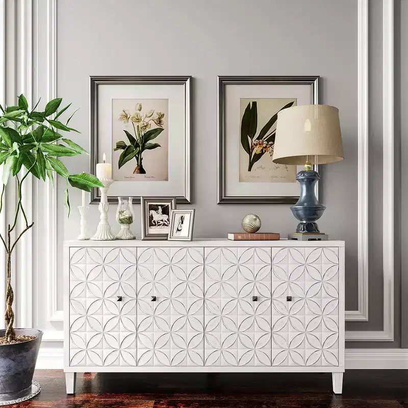 Madia Moderna in Legno con 4 Ante, Credenza da Cucina/Soggiorno con Ripiani Regolabili e Maniglie Quadrate