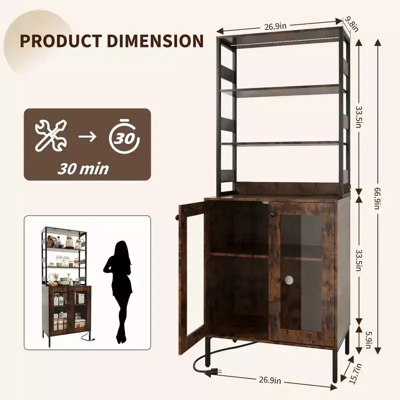 Mobile dispensa con ripiani e ante in vetro, Scaffale da cucina con ripiano, Mobile bar/caffè, Porta microonde per sala da pranzo o corridoio