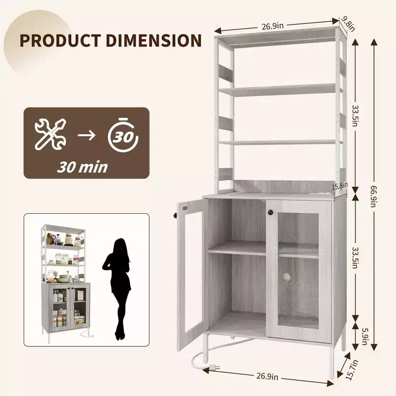 Mobile dispensa con ripiani e ante in vetro, Scaffale da cucina con ripiano, Mobile bar/caffè, Porta microonde per sala da pranzo o corridoio