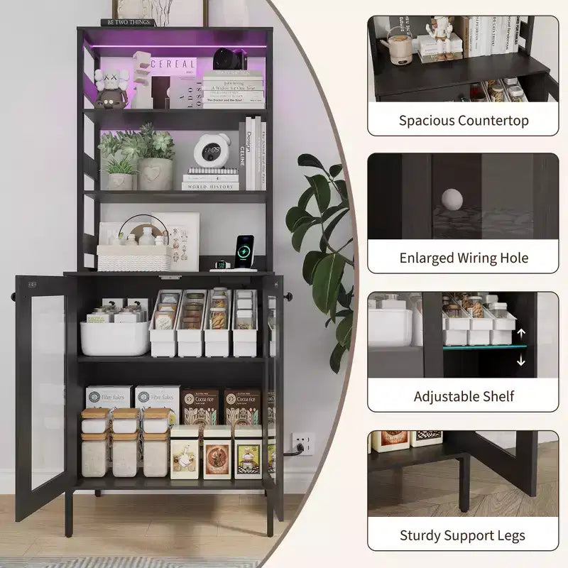 Mobile dispensa con ripiani e ante in vetro, Scaffale da cucina con ripiano, Mobile bar/caffè, Porta microonde per sala da pranzo o corridoio