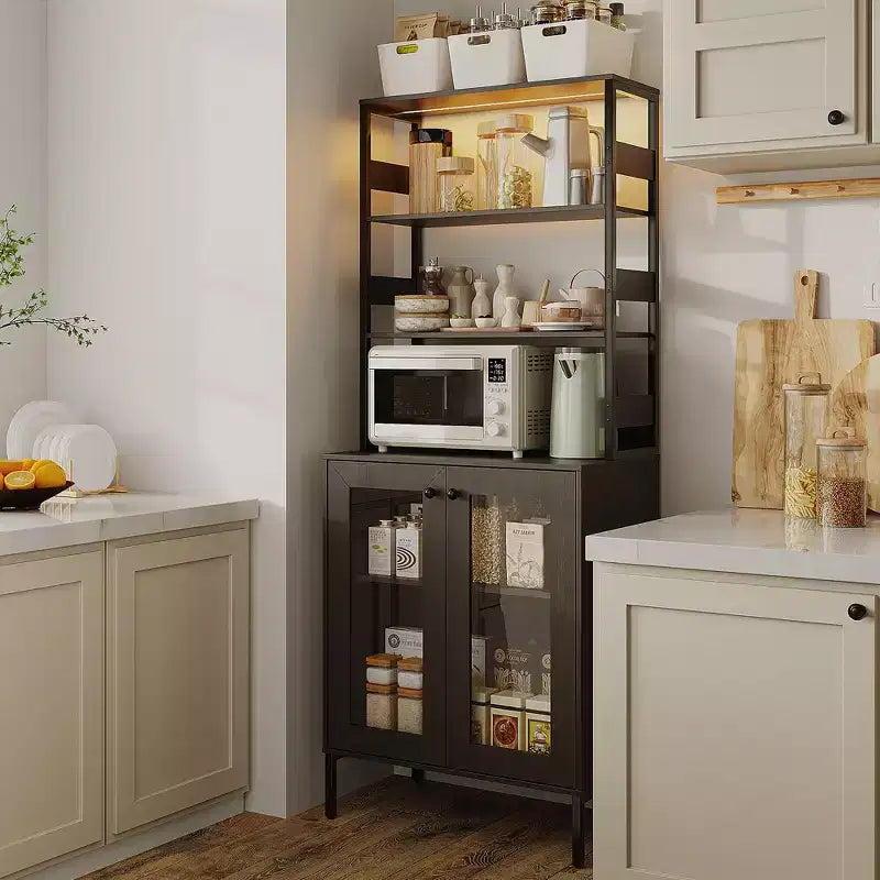 Mobile dispensa con ripiani e ante in vetro, Scaffale da cucina con ripiano, Mobile bar/caffè, Porta microonde per sala da pranzo o corridoio