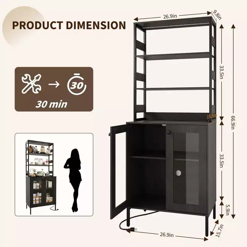 Mobile dispensa con ripiani e ante in vetro, Scaffale da cucina con ripiano, Mobile bar/caffè, Porta microonde per sala da pranzo o corridoio