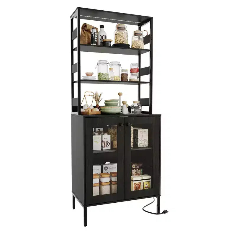 Pantry Cabinet with Storage Shelves & Glass Doors, Bakers Rack with Countertop, Coffee Bar Hutch, Microwave Stand for Dining Room or Hallway