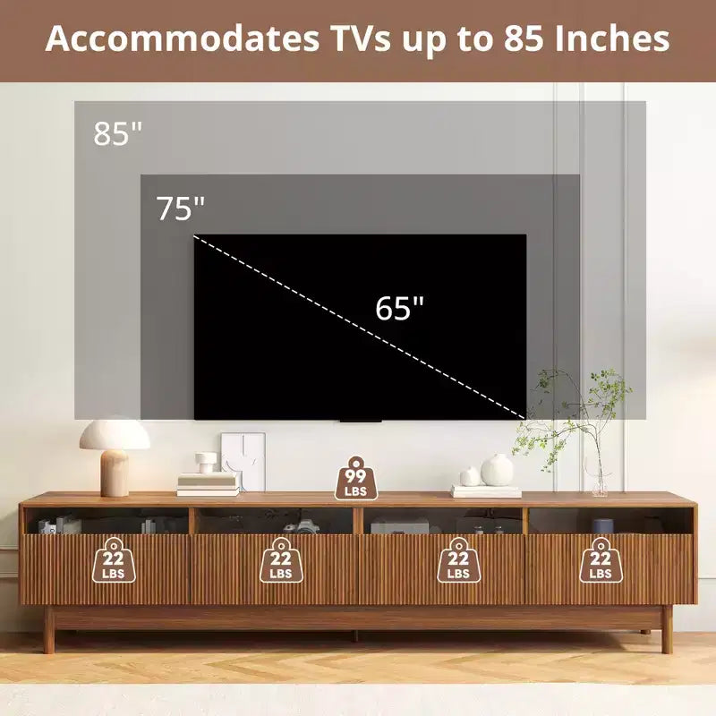 Mobile TV da 78 pollici, adatto per TV fino a 85 pollici, Centro di intrattenimento moderno con cassetti, Consolle TV con cassetti in vetro per camera da letto, soggiorno