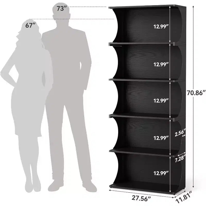Libreria a 5 ripiani Lantine, libreria aperta alta 180 cm con design unico a bordi curvi, scaffale espositivo moderno per ufficio, soggiorno, camera da letto, nero