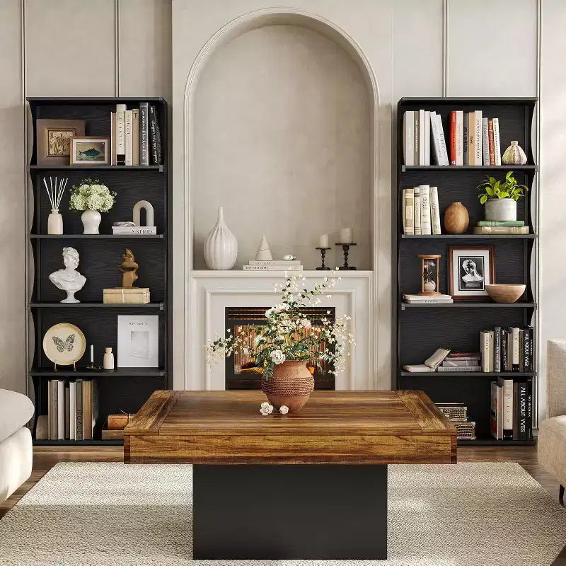 Libreria a 5 ripiani Lantine, libreria aperta alta 180 cm con design unico a bordi curvi, scaffale espositivo moderno per ufficio, soggiorno, camera da letto, nero
