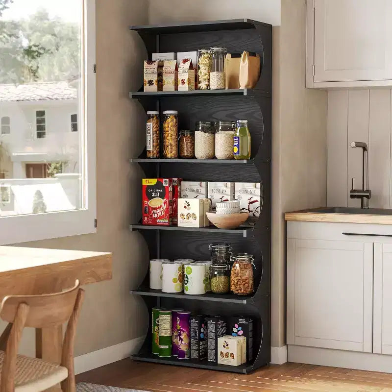 Libreria a 5 ripiani Lantine, libreria aperta alta 180 cm con design unico a bordi curvi, scaffale espositivo moderno per ufficio, soggiorno, camera da letto, nero