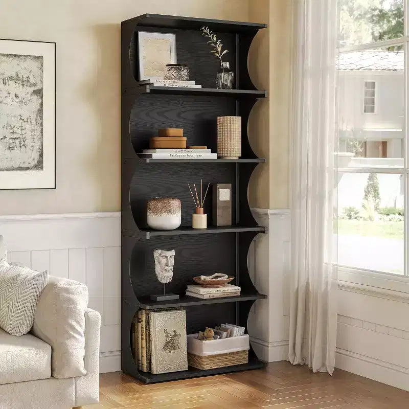 Libreria a 5 ripiani Lantine, libreria aperta alta 180 cm con design unico a bordi curvi, scaffale espositivo moderno per ufficio, soggiorno, camera da letto, nero