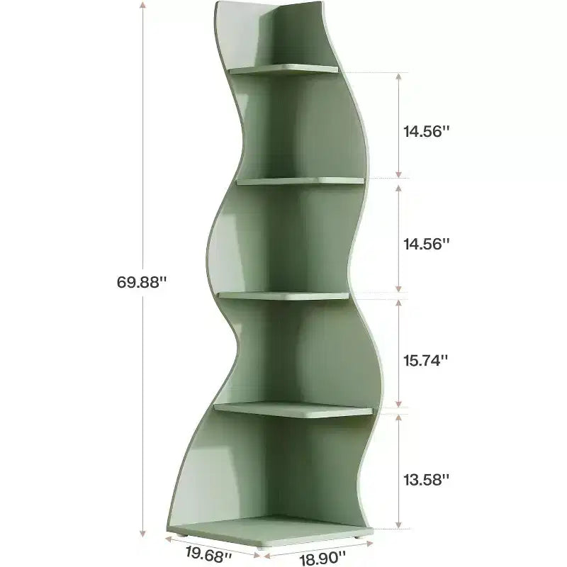 Lantine Mensola ad angolo ondulata, Libreria moderna a 5 ripiani con forma curvilinea, Espositore unico per piante per soggiorno piccolo (Verde)