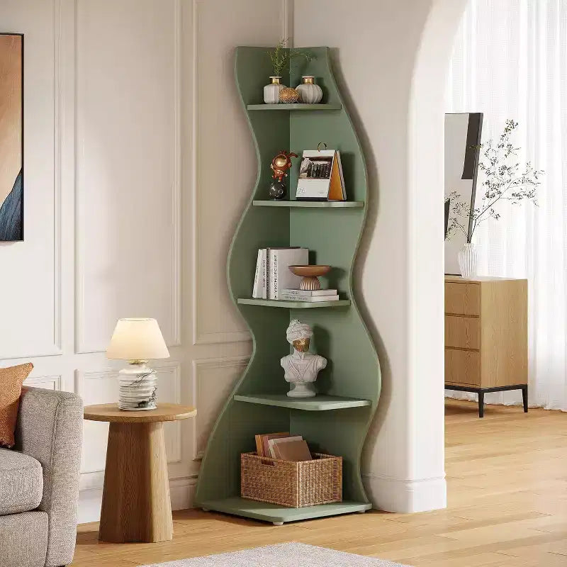Lantine Mensola ad angolo ondulata, Libreria moderna a 5 ripiani con forma curvilinea, Espositore unico per piante per soggiorno piccolo (Verde)
