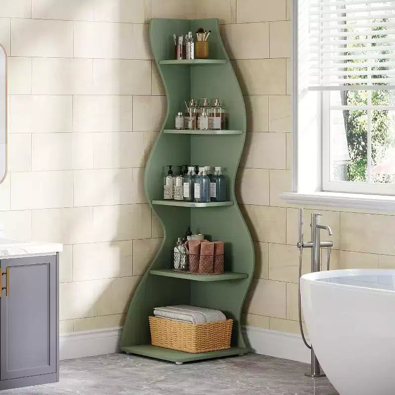 Lantine Mensola ad angolo ondulata, Libreria moderna a 5 ripiani con forma curvilinea, Espositore unico per piante per soggiorno piccolo (Verde)