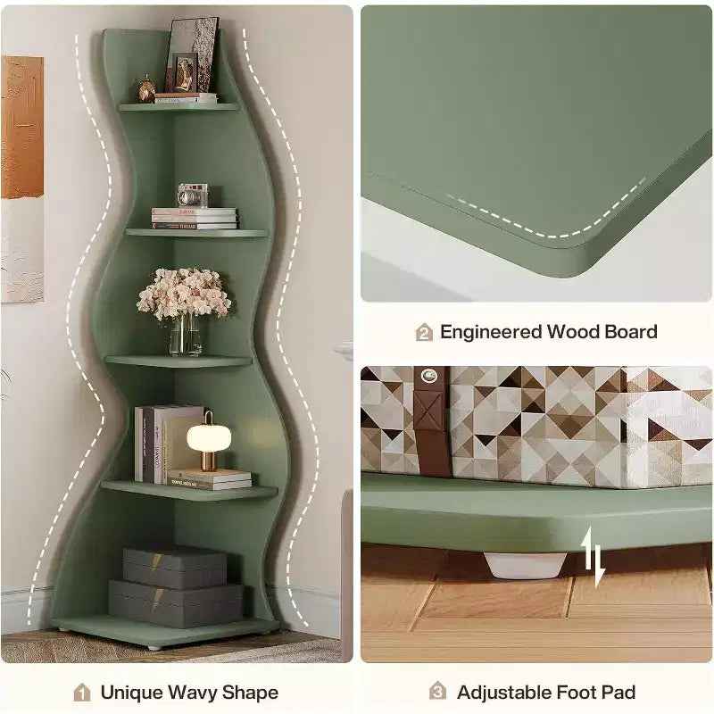 Lantine Mensola ad angolo ondulata, Libreria moderna a 5 ripiani con forma curvilinea, Espositore unico per piante per soggiorno piccolo (Verde)