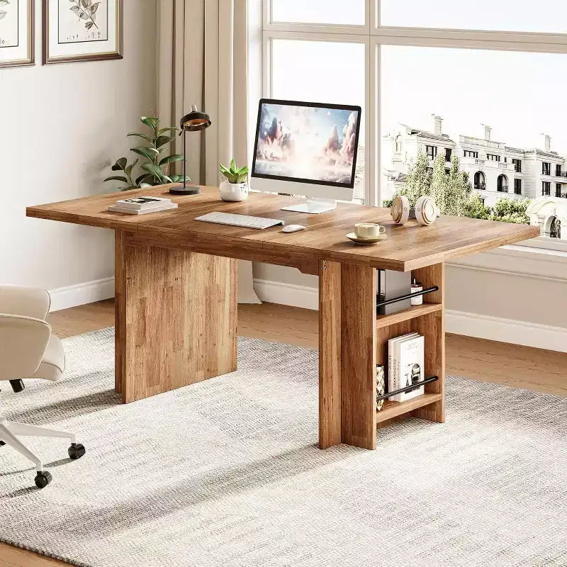 Tavolo da pranzo Lantine Easylife da 160 cm per 4-6 persone, tavolo da cucina stile fattoria con doppio ripiano contenitore per sala da pranzo, soggiorno