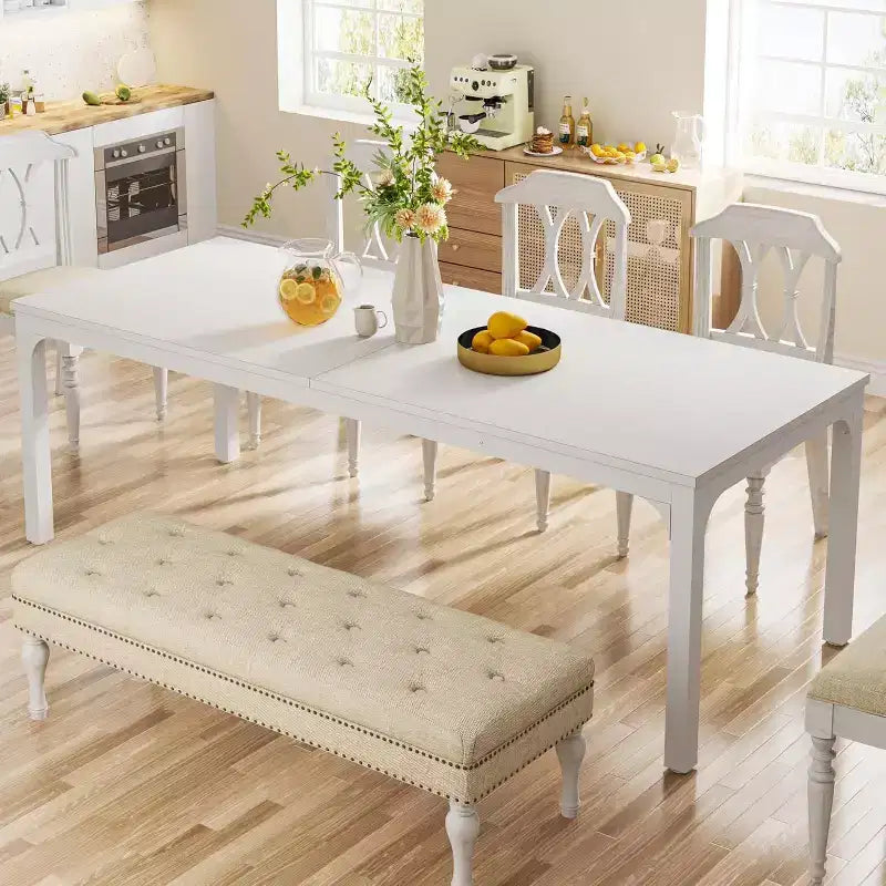 Tavolo da pranzo Lantine bianco da 198 cm per 6-8 persone, tavolo da cucina lungo e grande rettangolare per sala da pranzo