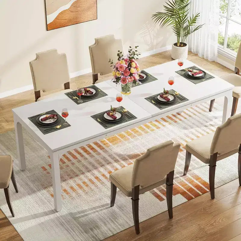 Tavolo da pranzo Lantine bianco da 198 cm per 6-8 persone, tavolo da cucina lungo e grande rettangolare per sala da pranzo
