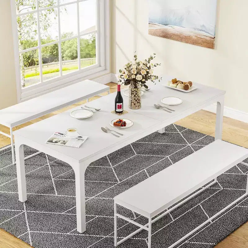 Tavolo da pranzo Lantine bianco da 198 cm per 6-8 persone, tavolo da cucina lungo e grande rettangolare per sala da pranzo