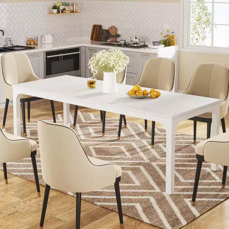 Tavolo da pranzo Lantine bianco da 198 cm per 6-8 persone, tavolo da cucina lungo e grande rettangolare per sala da pranzo