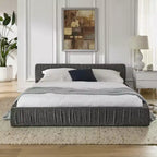 MAYEERTY Queen Size Upholstered Bed Frame with Chenille Fabric with Pleated Headboard Solid Frame for Bedroom Gray
