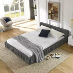MAYEERTY Letto imbottito Queen Size con tessuto ciniglia, testiera plissettata e struttura solida per camera da letto, grigio