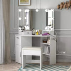 Scrivania angolare da trucco con specchio e luci - Tavolo da trucco con sgabello imbottito, tavolo da trucco per camera da letto con ripiano portaoggetti, toletta per donne e ragazze