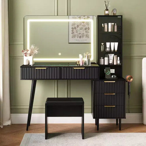 48 Makeup Vanity Desk for Bedroom,Makeup Vanity Table with Soft Stool,Makeup Desk with 4 Drawers & Shelves, Dressing Table Set for Bedroom