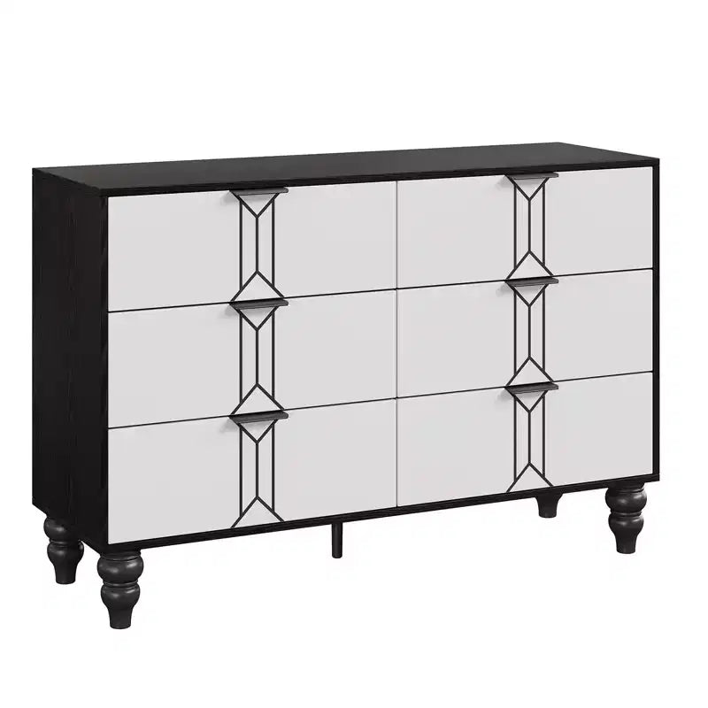 Cassettiera moderna a 6 cassetti con design a rombi vintage, comò bianco e nero, ampio spazio contenitivo con finitura impermeabile, maniglie in metallo per soggiorno