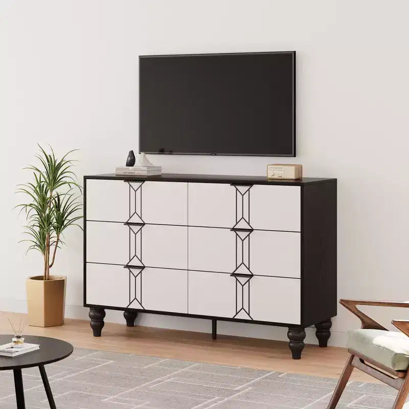 Cassettiera moderna a 6 cassetti con design a rombi vintage, comò bianco e nero, ampio spazio contenitivo con finitura impermeabile, maniglie in metallo per soggiorno