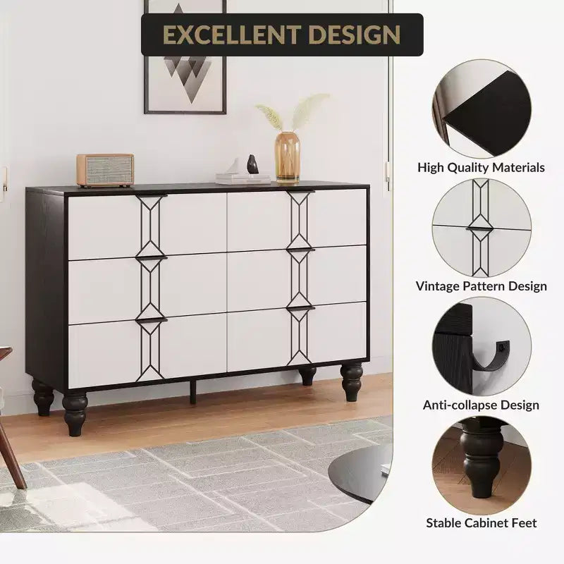 Cassettiera moderna a 6 cassetti con design a rombi vintage, comò bianco e nero, ampio spazio contenitivo con finitura impermeabile, maniglie in metallo per soggiorno