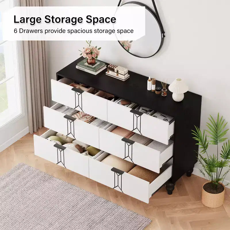 Cassettiera moderna a 6 cassetti con design a rombi vintage, comò bianco e nero, ampio spazio contenitivo con finitura impermeabile, maniglie in metallo per soggiorno