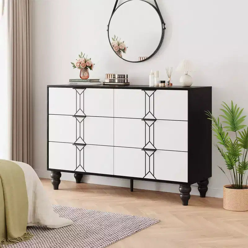 Modern 6-Drawer Chest with Vintage Diamond Design, Black & White Dresser, Deep Storage with Waterproof Finish, Metal Handles for Living Room